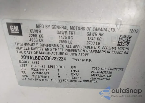 2013 Chevrolet Equinox Ls z USA, uszkodzony, nr VIN 2GNALBEKXD6232224